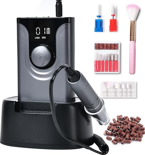 Lumcrissy Professional Nail Drill for Acrylic ,Electric Nail File Machine Nails Drill Kit ,Rechargeable Drill Bit Nail File Buffer Tools for Salon Manicure Pedicure