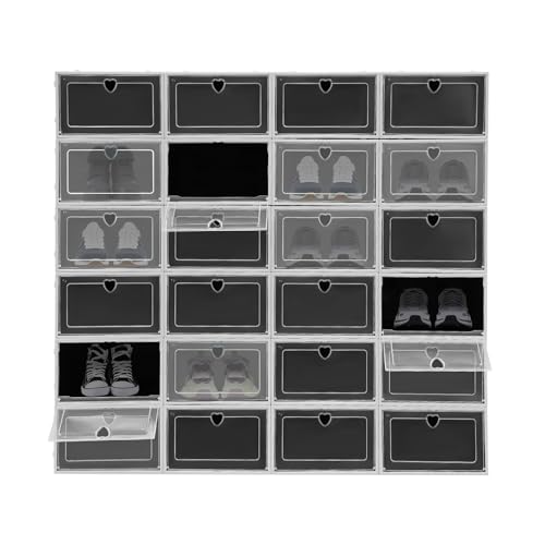 DKSLALALI Large Shoe Storage Organizer, 24 Pack Shoe Storage Box Thicken Sturdy Plastic Shoe Drawers with Lids Stackable Shoe Container Bins for Sneakers Storage Interlocking Design Shoe Rack (Black)