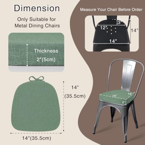 Image of OVOV 14x14 Chair Cushions for Metal Dining Chairs Set of 4 Sage Green | Non Slip, Washable Removable Cover with Ties, Textured, for Dining Room, Kitchen Cafes Bistro Patio, Stackable Chairs