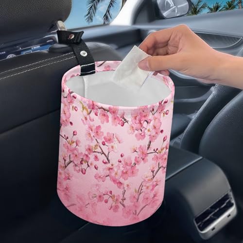 Image of Pink Flower Vehicle Trash Can Trash Bag for Cars Waste Basket Collapsible Reusable Leak Proof Car Organizer Road Trip Must Haves for Kids