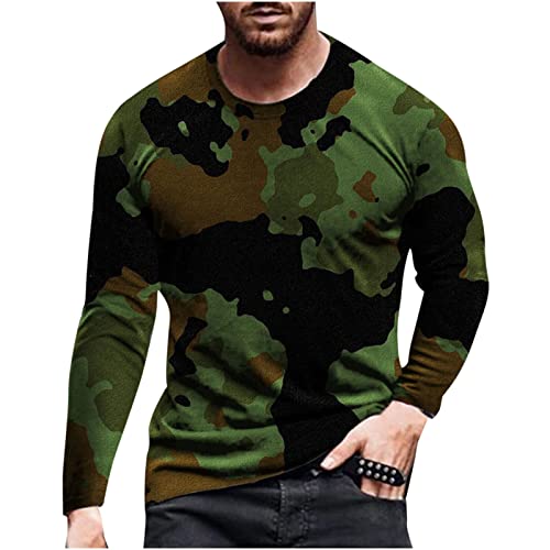 Mens Shirts Long Sleeve Casual Stylish Camouflage Print Workout Crewneck Sweatshirts Loose Fit Camo Pullover Tees