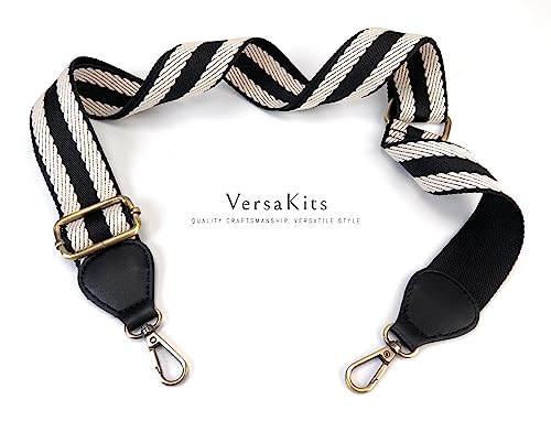 Purse Straps Replacement Crossbody with Brass Hardware 1-1/2 Inch Black Offwhite Adjustable Shoulder Guitar Strap for Handbag2
