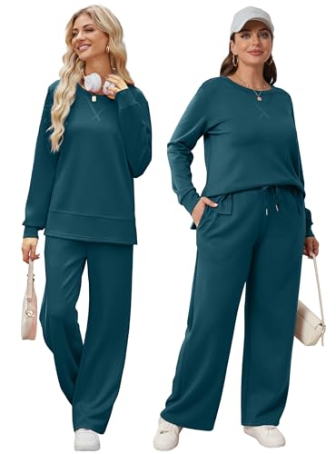 Image of OFEEFAN Women's 2 Piece Lounge Set Travel Airport Outfits Side Slit Tracksuit Wide Leg Loungewear Baggy Comfy Sweatsuit S-3XL
