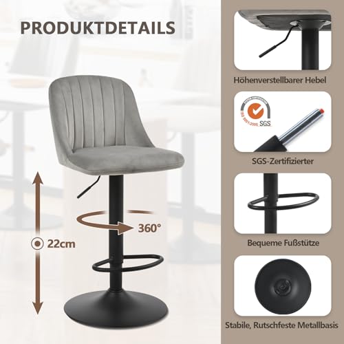 Goeurvant 360°Drehbar Barhocker 2er Set Höhenverstellbar mit Lehne & Fußstütze,Barstühle Samt mit Metallgestell für Bar,Küche,Theke,Esszimmer,Wohnzimmer & Essbereich,Hellgrau