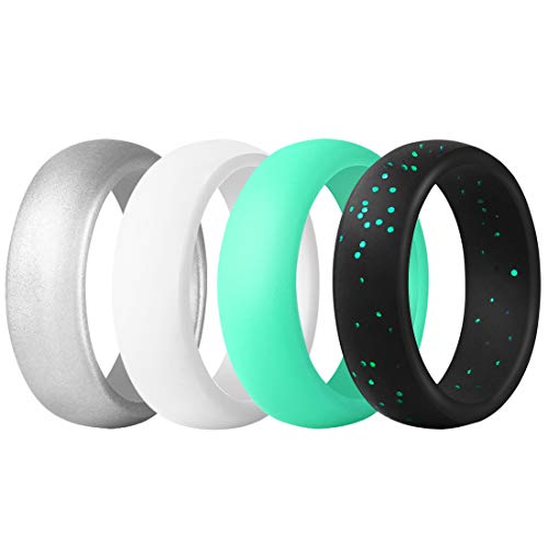 EMBNN Silicone Wedding Ring for Women Men, Thin, Affordable and Stackable Silicone Wedding Bands for Sports, Workout, Fitness, Exercise, Silver, White, Black with Green Glitters, Mint Green, Size: 5