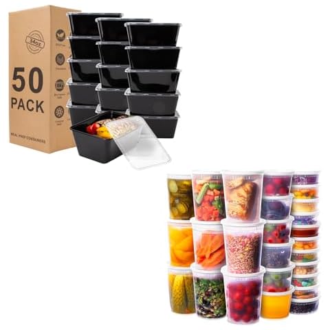 RANLITTLE Meal Prep Containers 50Pack 34oz and Deli Containers with Lids 48 Sets-8oz, 16oz, 32oz, Leakproof, Stackable, BPA Free/Microwave/Freezer/Dishwasher Safe Cover