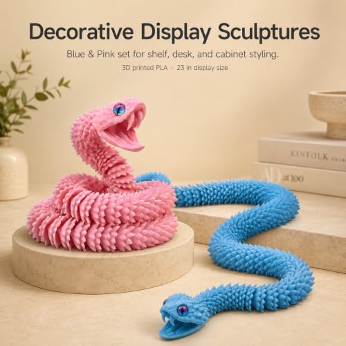 Image of 2-Pack 3D Printed Blue & Pink Viper Snake Sculptures, 23 inch Glow-in-the-Dark Articulated Reptile Display Set with Movable Jaws & Fangs, Eco PLA Desk Decor for Adult Collectors
