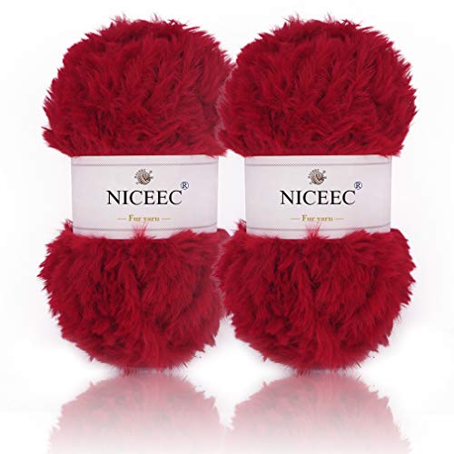 Image of NICEEC 2 Skeins Faux Fur Yarn Super Soft, Chunky & Fluffy, Eyelash Yarn for Crochet & Knitting (Total Length 70yds,3.53oz) - Red