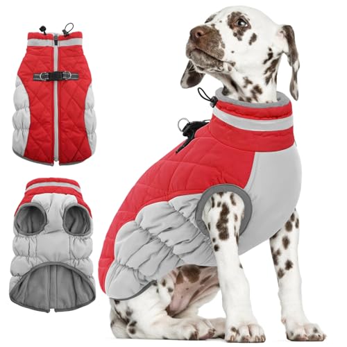 AOFITEE Dog Coat, Warm Dog Jackets for Small Dogs, Dogs Winter Coat with Harness Built in, Reflective Pet Winter Jacket, Waterproof Windproof Puppy Puffer Jacket Fleece Vest, Christmas Red XS