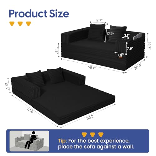 Image of COMAX Futon Sofa Bed, 4‑in‑1 Convertible Sofa Bed, Folding Boneless Couches | Boneless Couch for living room, Fold Out Small Foldable Loveseat Floor Sleeper Mattress Lounge Space‑Saving, Jet Black