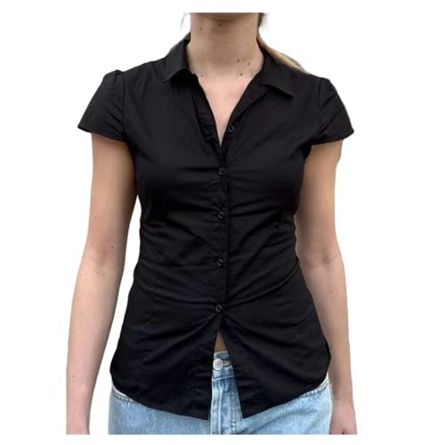 Women Y2k Short Sleeve Button Down Shirts Casual V Neck Button Up Top Vintage Slim Fit Collared Going Out Blouse