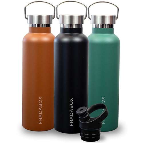 FRADABOX® Botella de acero inoxidable 'Lake' de 750 ml, a prueba de fugas y apta para lavavajillas, termo para exteriores, doble pared, aislada al vacío, sostenible, sin BPA + tapón deportivo gratis