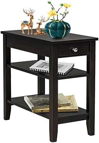 Giantex End Table with Drawer, Narrow Side Table with 2-Tier Open Storage Shelves, Slim Side End Table Compact Nightstand Bedside Table for Living Room Bedroom Small Space, Espresso