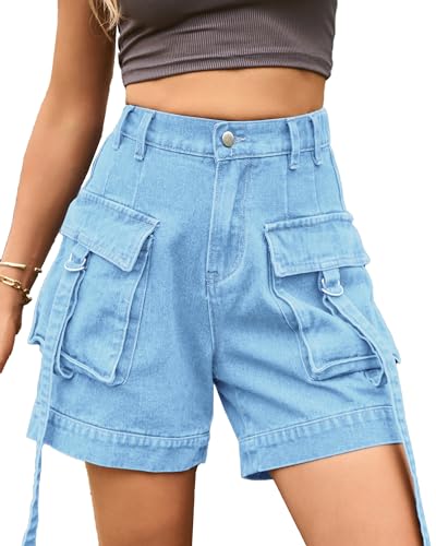 HVEPUO Womens Shorts Y2K High Rise Jean Shorts with Flap Pockets