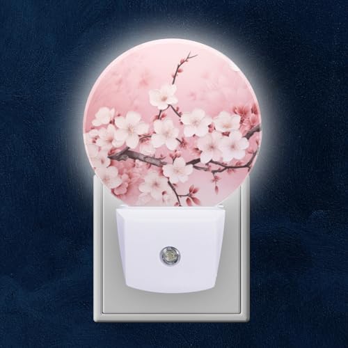 Image of Round LED Night Lights Lamp with Dusk to Dawn Sensor, Delicate Pink Background with Cherry Blossoms Night Light Plug Into Wall for Kids Room, Bedroom, Bathroom, Kitchen, Hallway