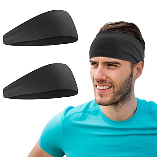 COOLOO Headbands for Men Women 2 Pack, Sweat Bands for Running Yoga Cycling Gardening Spa Workout-Performance Stretch Moisture Wicking Hairband, Black + Black