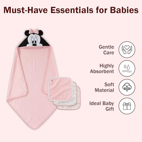 Image of Disney Baby Girls Minnie Mouse Hooded Baby-Bath Towel with 3 Washcloths Set for Newborn and Infants