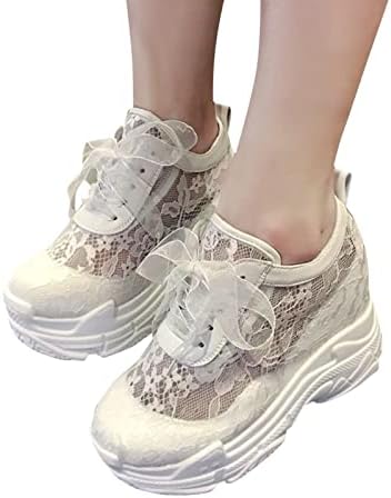 Platform Sneakers for Women,Shoes Dressy Casual Fashion Sneakers Lace Mesh Floral Embroidery Hidden Wedge Arch Support Classic Trendy Memory Foam Cushioning Midsole Comfortable Walking Shoes White