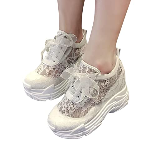 Platform Sneakers For Women,Shoes Dressy Casual Fashion Sneakers Lace Mesh Floral Embroidery Hidden Wedge Arch Support Classic Trendy Memory Foam Cushioning Midsole Comfortable Walking Shoes White #TOP3