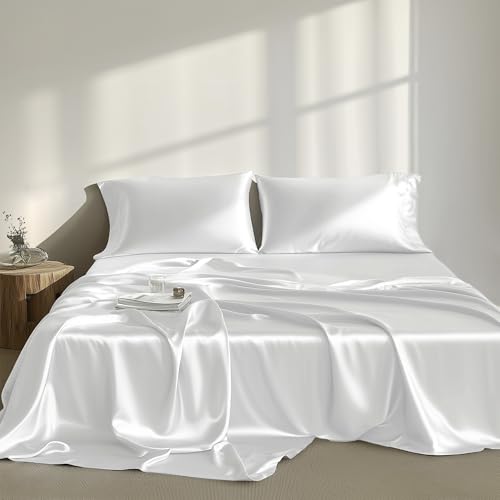 Image of Madison Park Essentials Satin Sheets Twin Size Bed Set, 4 Piece, White | Luxury and Smooth Silky Bedding with Natural Sheen, All Around Elastic 14 inch Pocket fits up to 16 inch Mattress, Year-Round Cozy