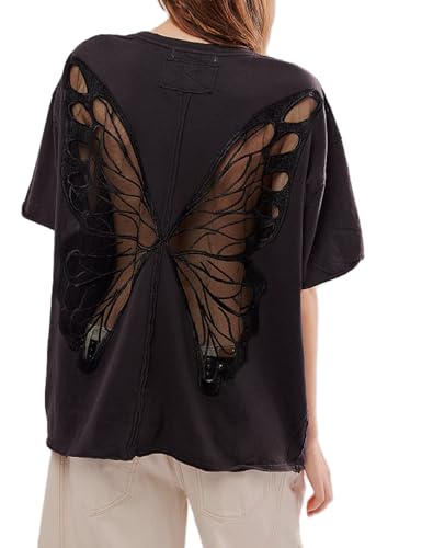 NUFIWI Women Y2K Short Sleeve Butterfly Tops Overzied Patchwork Cutout Back Tshirts Preppy Backless See Through Kawaii Shirts