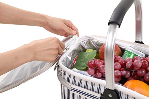 Allcamp Outdoor Gear Foldable Picnic Basket Cooler Basket Set (Medium, Blue Stripe) #TOP4