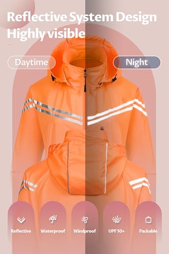 CREATMO US Women's Packable Waterproof Running Rain Coat Reflective Cycling Jacket Windbreaker With Detachable Hood2