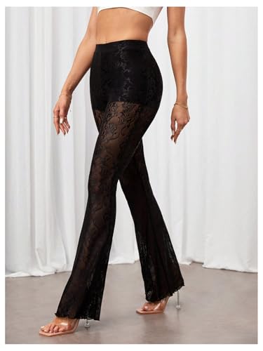 Verdusa Women's Floral Lace Sheer Flared Pants High Waisted Lettuce Trim Fitted Trousers3