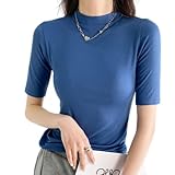 [ROSELUCA.] スリムフィット Tシャツ カットソー レディース 【着やせ効果】 インナー 五分袖 接触冷感 アイスフェザー アクセント ソフト 動きやすい ウォッシャブル 細見え 実用性 こなれ感 韓国 ブルー L