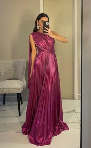Sparkly Metallic Prom Dresses Pleated A Line One Shoulder Satin Long Formal Party Dress for Women RO1413