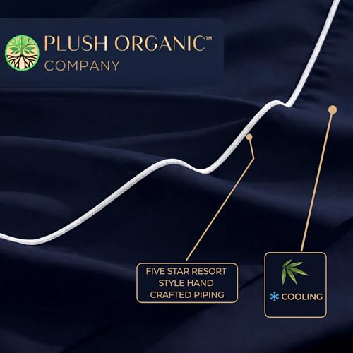 Image of Queen Luxury 4 Piece Bedsheet Set, Navy with White Piping, Cooling Resort Bedding, Deep Pockets, Ultra Soft, Viscose derived from Bamboo, Organically Grown, 300 Thread Count