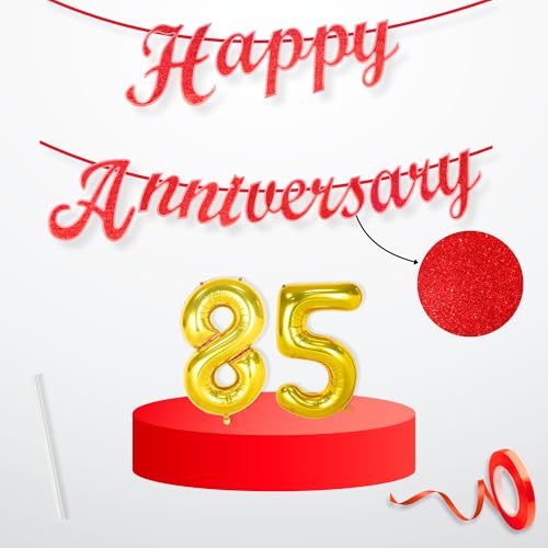 Image of Flyloons 85th Happy Anniversary Banner Red Decorations Kit for Men Women Wedding Anniversary Banner Items without Balloons