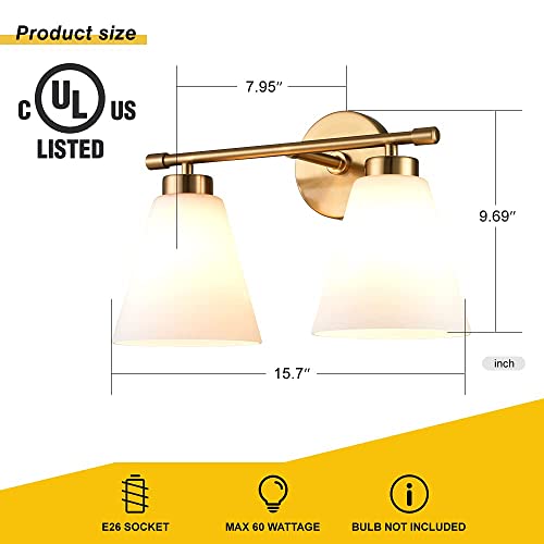 Hamilyeah Bathroom Vanity Light Fixture, 2 Light Milk Glass Lighting, White And Gold Lights Over Mirror, Two Bulb Sconces Wall Lighting For Living Room, Bedroom, Restroom,Bath,Dining Room Ul Listed #TOP5