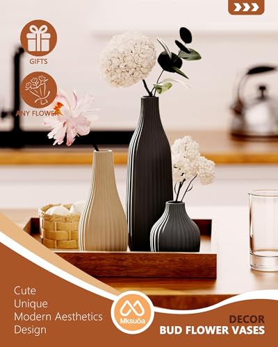 Decorative Flower Vase Set of 3 - Modern Boho Style Multicolor Vases, Ribbed Textures Ceramic Vase for Home Decor Shelf Bookshelf Mantle TV Stand Entryway Console, Dining Table Centerpiece Decor — view 6