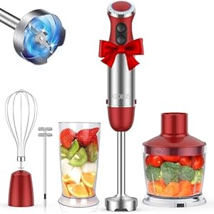 KOIOS 5-in-1 Hand Immersion Blender, 1000W 12 Speed Handheld Blender Stick with Copper Motor Stainless Steel Blade, 600ml Mixing Beaker,500ml Food Processor, Whisk, Milk Frother, Non-BPA, Red