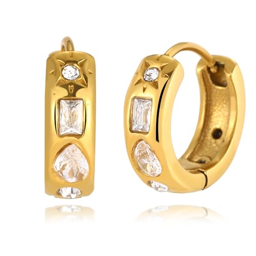 18K Gold Plated Chunky Gold Earrings for Women Hypoallergenic Clear Cubic Zirconia Thick Non Hollow Fashion Hoop Earrings
