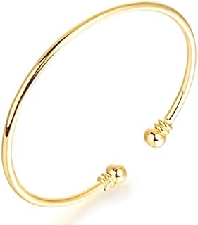 Bystar Women Copper Yellow Gold Plated Bracelet Smooth Torque Bangle Adjustable
