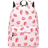 Lohol Leichter Schulrucksack für Mädchen, Kinderrucksack mit Erdbeer Aufdruck, Wasserabweisender Schulranzen, Rosa