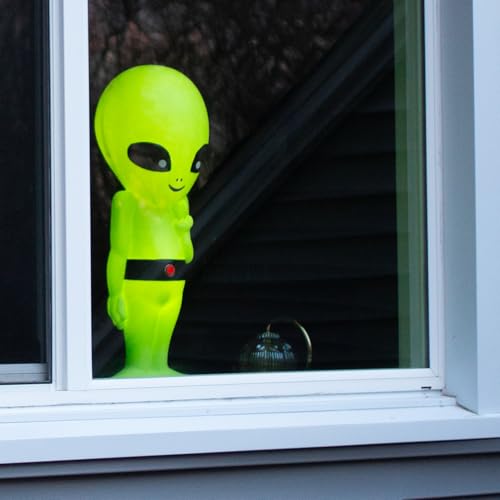 Image of 24-Inch Lighted Alien Novelty Blow Mold Light - Cute Retro Green Martian with Peace Sign - Indoor /Outdoor Display, Sci-Fi Decor, Unique Yard Art with Plug-in Lights