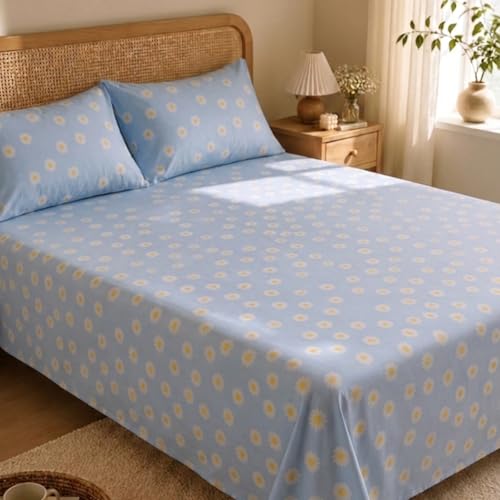 Image of Marrow Lane 300 TC Soft Air Cotton Double Bedsheet | Daisy Meadow | Flatsheet with 2 Pillow Covers | Ditsy Daisy Floral Print (228.6 x 254 cm, Blue & White)