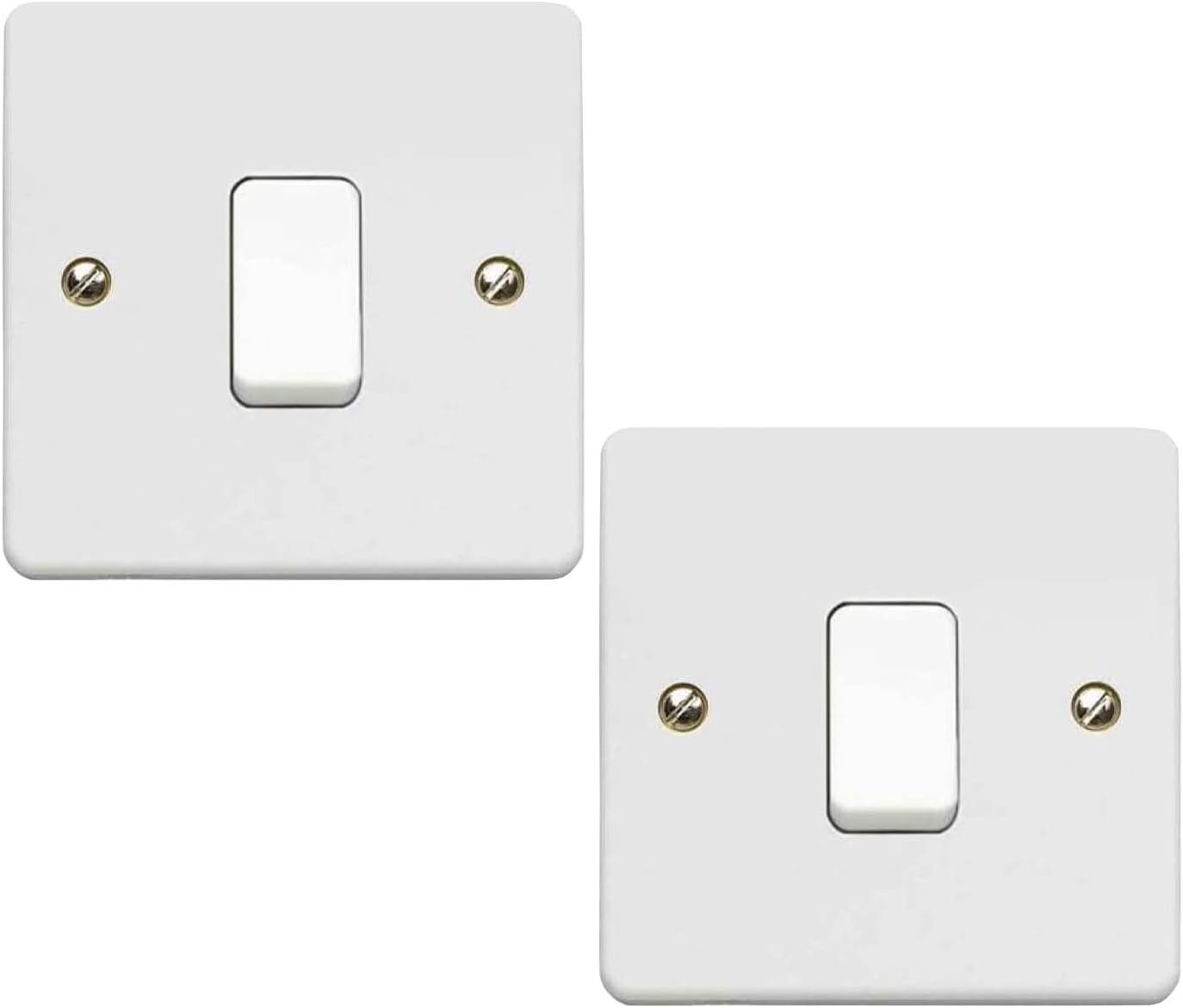 1 Gang 2 Way Light Switch - White Electrical Curved Edge Light Switches with Screws - 250 V A.C, 10AX Single Wall Switch for Home, Office, Industries, Shedes, garages etc (2)