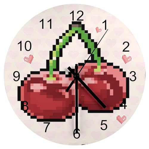 Pixel Cherry Wooden Wall Clock, Easy to Read Round Home Decorative Wall Clock Silent Non-Ticking Wall Clock Operated for Living Room Bedroom Kitchen