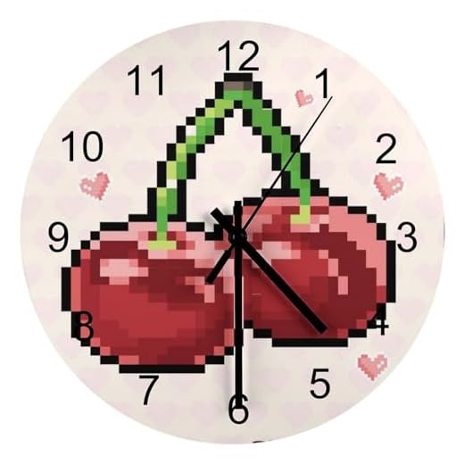 Pixel Cherry Wooden Wall Clock, Easy to Read Round Home Decorative Wall Clock Silent Non-Ticking Wall Clock Operated for Living Room Bedroom Kitchen