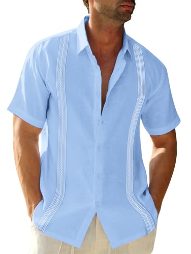 Mens Button Down Short Sleeve Cuban Guayabera Linen Shirts Casual Summer Cotton Beach Tops
