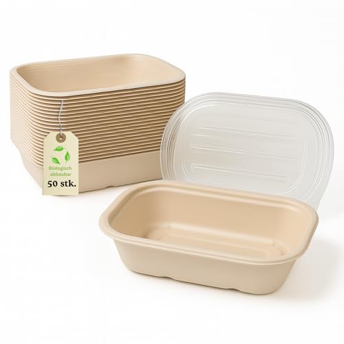 Greenkaufen 50 Stück Bagasse Schalen 700ml mit PET-Deckel Einweg To-Go Bowls aus Zuckerrohr Kompostierbar fettresistent mikrowellengeeignet Für Zuhause Catering & Takeaway