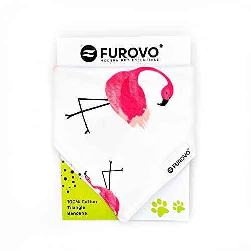 Furovo Premium Printed Cotton Dog Bandana For Small & Medium Sized Breeds With Adjustable Button Snap Tie Closure (White & Pink Flamingo) #TOP1