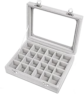 Meshela 24 Grids Velvet Glass Jewellery Ring Display Organiser Box Earrings Storage Holder (Grey)