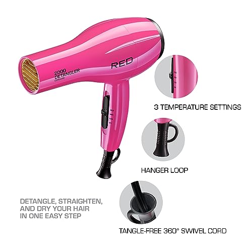 Red By Kiss 2000 Ceramic Hair Dryer, Professional Salon Blow Dryer 3 Attachments Included, 2 Detangler Piks, 1 Air Concentrator (Pink) #TOP2