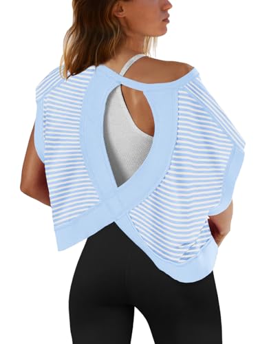 Image of SENSERISE Womens Open Back Workout Tops Backless Short Sleeve Athletic Shirt Running Crop Top Gym Yoga Tee