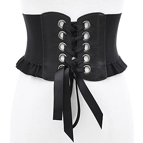 Womens Lace-up Corset Cinch Waistband Waspie Elastic Waist Belt Retro Tied Wide Belt Vintage Bandage Elasticity Girdle Wrap for Girls Halloween Costume – Black YS0013